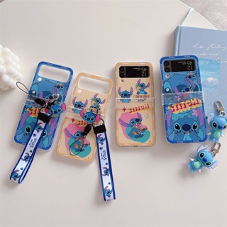 เคสโทรศัพท์มือถือ ป้องกัน ปิดด้านหลัง ลายการ์ตูน Stitch พร้อมสายคล้อง สําหรับ Samsung Galaxy Z Flip 5 Z Flip 4 Z Flip 3 ZFlip3 ZFlip4 ZFlip5