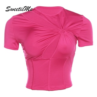 Sweeticme ใหม่ เสื้อยืดแขนสั้นลําลอง เข้ารูป สีพื้น เซ็กซี่ แฟชั่นสําหรับสตรี 2023