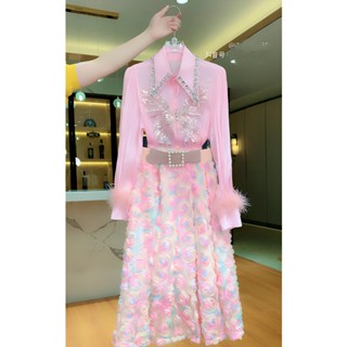 ชุดเสื้อเชิ้ต และกระโปรง เข้ารูป สีชมพู แฟชั่นสําหรับสตรี 2023