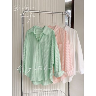 เสื้อเชิ้ตแขนยาว แบบบาง ทรงหลวม ลายทาง สีเขียว สําหรับผู้หญิง