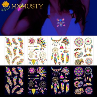 MXMUSTY สติกเกอร์รอยสักชั่วคราว สีนีออน ลายดอกไม้ ขนนก สีบรอนซ์ สําหรับตกแต่งปาร์ตี้