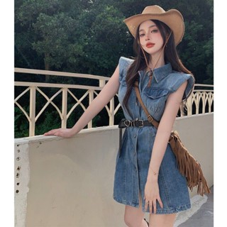 Denim dresses are popular this year in 2023. Womens high-end waist fashion single-breasted small a-shaped skirt summer.