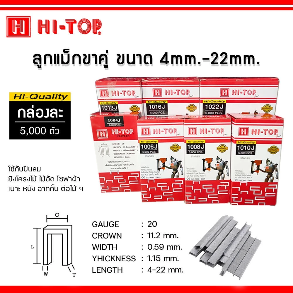 HI-TOP ลูกแม็กขาคู่ ลูกแม็ก ขาคู่ ยิงไม้ เบอร์ 1004J, 1006J, 1008J, 1010J, 1013J,1016J, 1019J, 1022J (กล่องละ 5,000 นัด)