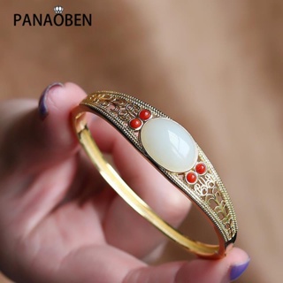 Panaoben♥ เครื่องประดับ สร้อยข้อมือ กําไลข้อมือ ประดับหยกธรรมชาติ สีทอง สไตล์โบราณ แฟชั่นคลาสสิก สําหรับผู้หญิง