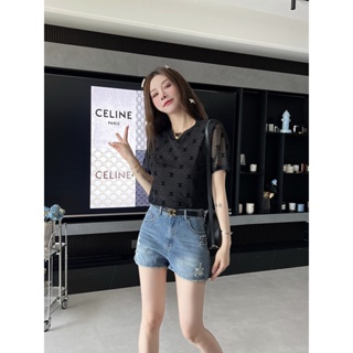 5OJE CEL Beaute 2023 spring and summer new fashion classic Arc de Triomphe patch embroidery slimming all-match denim shorts with belt