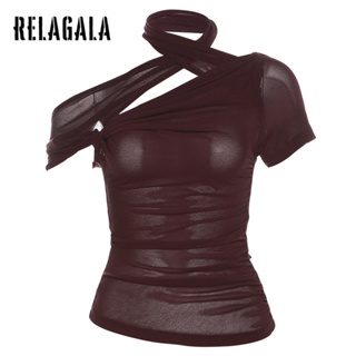 Relagala ใหม่ เสื้อยืดลําลอง แขนสั้น คอปาด เข้ารูป สีพื้น แฟชั่นสําหรับสตรี 2023