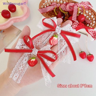 [WillBesugarT] กิ๊บติดผม ผ้าลูกไม้สองชั้น ลายเชอร์รี่ สีแดง 1 คู่ [ใหม่]