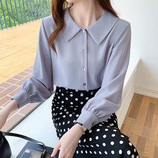 เสื้อเชิ้ตแขนยาว คอปกตุ๊กตา ป้องกันริ้วรอย สีฟ้า แฟชั่นฤดูใบไม้ร่วง สไตล์เรโทร สําหรับผู้หญิง