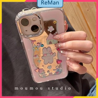 เคสโทรศัพท์มือถือนิ่ม ลายการ์ตูนกระต่ายน่ารัก ประดับพลอยเทียม มีกระจก สําหรับ Iphone Apple 14 11 13 12 14Promax 14plus 13 12pro 11 pro max Xr Xs max 7 8 Plus 13 pro max 13 12 11promax