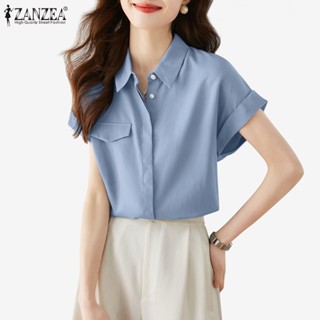 Zanzea เสื้อเชิ้ตแขนสั้น คอสี่เหลี่ยม สีพื้น สไตล์เกาหลี สําหรับผู้หญิง