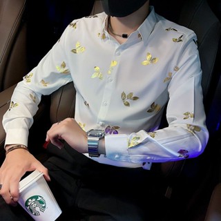 เสื้อเชิ้ตแขนยาว ผ้ายืด ป้องกันการย่น พิมพ์ลาย สไตล์เกาหลี สําหรับผู้ชาย