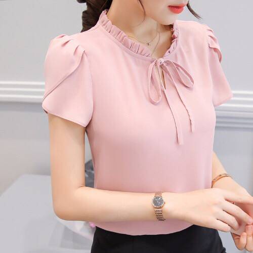 เสื้อแขนสั้น ผ้าชีฟอง สีพื้น แฟชั่นฤดูร้อน สําหรับผู้หญิง