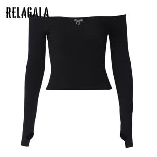 Relagala ใหม่ เสื้อยืดลําลอง เปิดไหล่ เข้ารูป สีพื้น เซ็กซี่ แฟชั่นสําหรับสตรี 2023