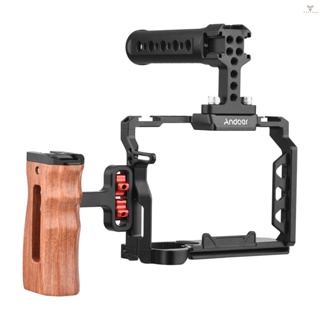 Fw Andoer Aluminum Alloy Camera Cage Kit with Top Handle Grip Wooden Side Handle Grip Replacement for  A7 IV