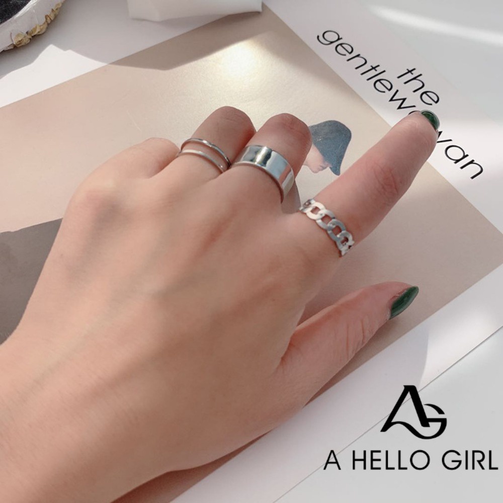 A HELLO GIRL 3 ชิ้น / เซต เกาหลี เรียบง่าย แวววาว แหวนสองชั้น เปิด ปรับได้ แหวนนิ้วชี้ เครื่องประดับแฟชั่น Unisex