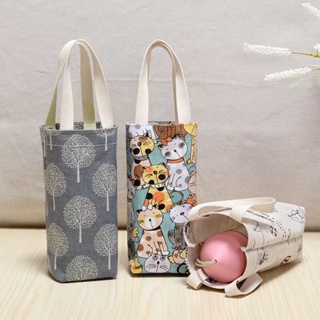 ♚♚Keshan Store [Fashion Summer] Water Cup Bag Waterproof Handbag with Lanyard Canvas Cotton Linen Portable Insulation Braised Beaker Waterproof Storage Student Cute