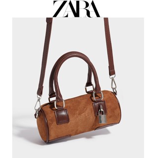 Zara ใหม่ กระเป๋าสะพายไหล่ ผ้ากํามะหยี่ ทรงกระบอก ขนาดเล็ก สไตล์เรโทร ไฮเอนด์ 2023