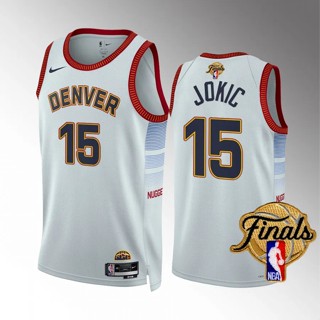 【คุณภาพสูง】นักเก็ต Nba Finals Denver ของแท้ 2023 สําหรับผู้ชาย #15 เสื้อกีฬาแขนสั้น ลายทีม Nikola Jokic City Edition Jersey White Swingman