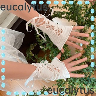 Eucalytus1 ถุงมือผ้าถัก ยืดหยุ่น ประดับโบว์ ลูกไม้ สไตล์พังก์ โกธิค โลลิต้า สําหรับผู้หญิง