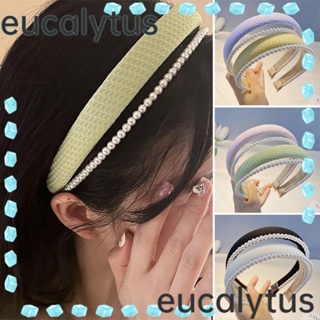 Eucalytus1 ที่คาดผมฟองน้ําถัก สองชั้น ประดับไข่มุก สีพื้น สําหรับล้างหน้า