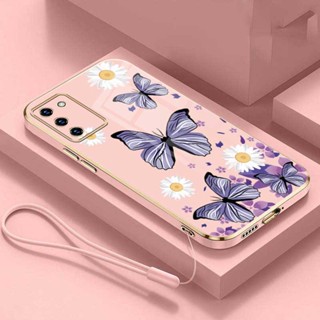 [ฟรีสายคล้อง] เคสโทรศัพท์มือถือ ซิลิโคน เคลือบเงา ทรงสี่เหลี่ยม ลายผีเสื้อ ดอกไม้ ดอกเดซี่ สําหรับ Samsung A51 A31 A21s A11 A01 A50 A50s Galaxy A30s A30 A20 A20s A10 A10s