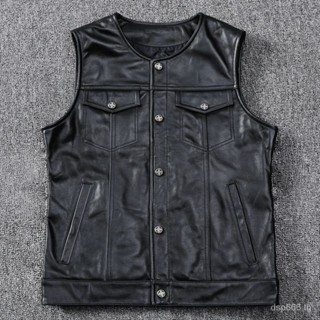 Harleys son of chaos motorcycle vest leather vest first layer cowhide leather fine soft leather round neck short slim 2V3V