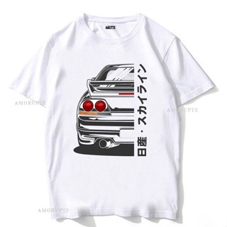 เสื้อยืดแขนสั้นลําลอง พิมพ์ลายรถยนต์ Skyline R32 R34 GTR สีขาว แฟชั่นฤดูร้อน สไตล์วินเทจ สําหรับผู้ชาย R33