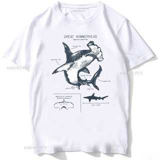 เสื้อยืดแขนสั้นลําลอง พิมพ์ลายตัวอักษร Hammerhead Shark Anatomy สีขาว แฟชั่นฤดูร้อน สไตล์ฮิปฮอป สําหรับผู้ชาย