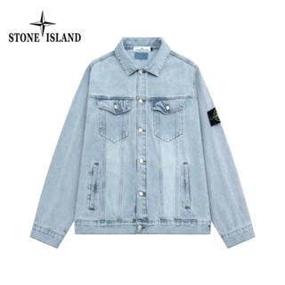 STONE ISLAND เสื้อแจ็กเก็ตยีนลําลอง คอปก ปักลายโลโก้หิน แบบดั้งเดิม แฟชั่นคู่รัก