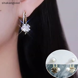 Shakangcool ต่างหูสตั๊ด จี้คริสตัล เพทาย รูปดอกไม้สี่แฉก ประดับมุก สีม่วง เครื่องประดับ สําหรับผู้หญิง 1 คู่