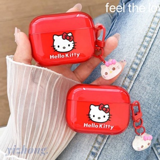 เคสหูฟัง TPU นิ่ม เรืองแสง พิมพ์ลาย Hello Kitty สีแดง พร้อมจี้รูปแมว ป้องกันการสูญหาย สําหรับ Airpods Pro 2 3 1