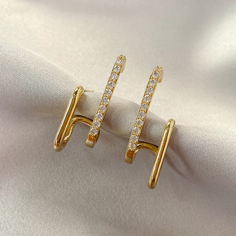 พร้อมส่ง จากไทย ต่างหูเพชรสองชั้น ต่างหู รูปตัว U หรูหรา แฟชั่นเกาหลี เครื่องประดับ สำหรับผู้หญิง AE51