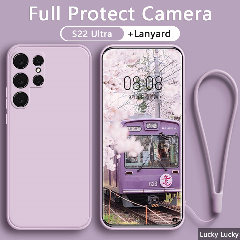 เคส Samsung S22 Ultra S21 เคสซิลิโคนเหลวพร้อมกล้องแบบเต็มสายคล้อง สายคล้องเชือกเส้นเล็ก ข้าวแดง เคส 