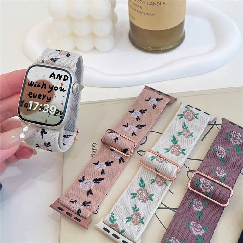เกาหลี Rose ดอกไม้ไนลอนสําหรับ Apple Watch Series 10 9 8 7 6 5 4 3 2 SE Ultra Retro สาวสายรัดยืดหยุ่