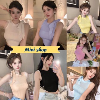 Mini shop🌸พร้อมส่ง🌸 (9078) เสื้อกล้ามไหมพรม คอกลม ดีเทลปลายข้างระบาย ผูกโบว์ที่คอ