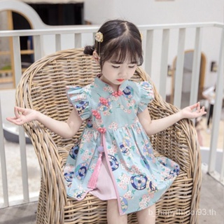 สาว cheongsam ชุดชุดฮั่นฟู่สไตล์ชนเผ่าใหม่สำหรับเด็กชุดฤดูร้อนย้อนยุคสไตล์จีนสำหรับเด็กชุดเจ้าหญิงSL7296