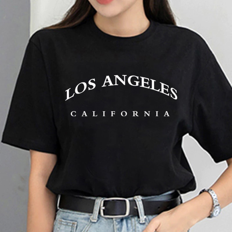 57Los Angeles California พิมพ์ผ้าฝ้ายเสื้อยืดผู้ชายและผู้หญิง Harajuku Street สไตล์เรียบง่ายเสื้อแขน