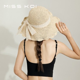 Misskoi [พร้อมส่ง] หมวกฟางสาน ประดับโบว์ลูกไม้ ขนาดใหญ่ เหมาะกับเดินชายหาด แฟชั่นฤดูร้อน สําหรับผู้หญิง