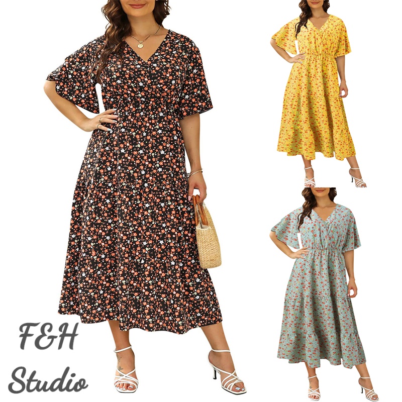 F&H 3350-3 สี L-4XL ดอกไม้ Plus ขนาดผู้หญิง V คอ Flared Hem Dress พร้อมกระเป๋า