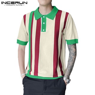 Incerun เสื้อเชิ้ตแขนสั้น คอปก ลายทางแนวตั้ง สไตล์เกาหลี สําหรับผู้ชาย