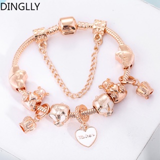 Dinglly แม่ หัวใจ มงกุฎ เสน่ห์ สร้อยข้อมือ สําหรับผู้หญิง แฟชั่น Diy โรสโกลด์ อัลลอย ลูกปัด เสน่ห์ สร้อยข้อมือ