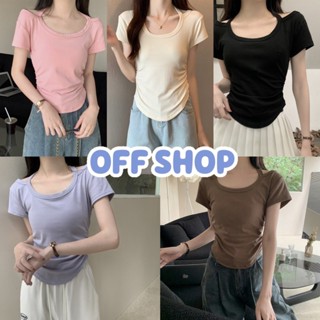 OFF SHOP พร้อมส่ง (OFF-61609)เสื้อไหมพรมแขนสั้น คอกลมดีเทลทรงเสื้อรูดข้าง มีสายผูกคล้องคอด้านหลัง -C
