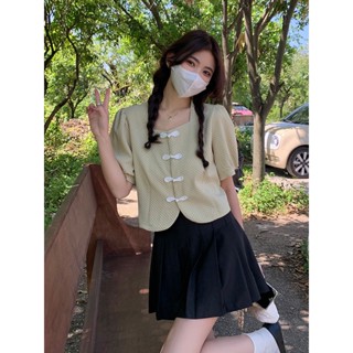 Suxi เสื้อเชิ้ต คอสี่เหลี่ยม แขนพอง ติดกระดุม เข้ากับทุกการแต่งกาย แฟชั่นฤดูร้อน สไตล์วินเทจ