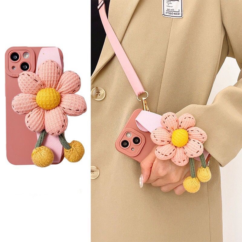 สีชมพูพร้อมสายรัดข้อมือ Lanyard ดอกไม้สําหรับ IPhone Case 16 15 14 11 13 12 Pro Max X Xs Xr Max 7 8 