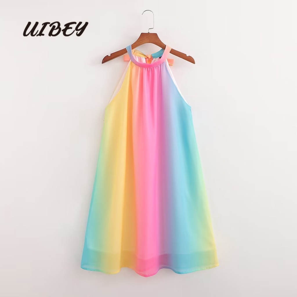 Uibey ขายส่ง ชุดเดรสแขนกุด คอแขวน พิมพ์ลายดอกไม้ สีรุ้ง 3151