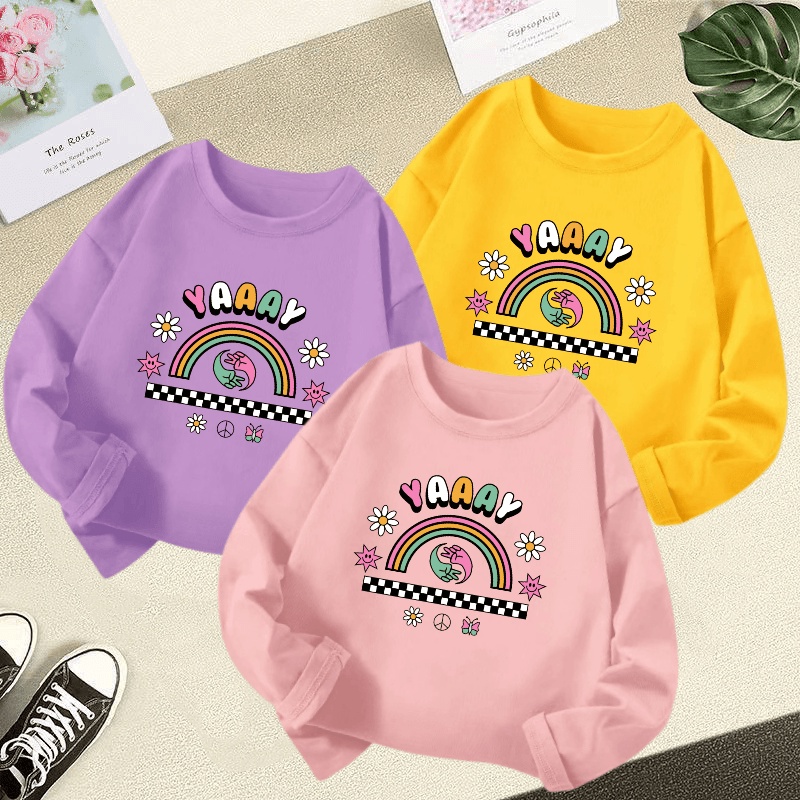เสื้อยืดแขนยาว คอกลม แบบนิ่ม พิมพ์ลายสายรุ้งน่ารัก สไตล์เกาหลี ขนาดใหญ่ สําหรับเด็กผู้ชาย และเด็กผู้หญิง อายุ 3-12 ปี