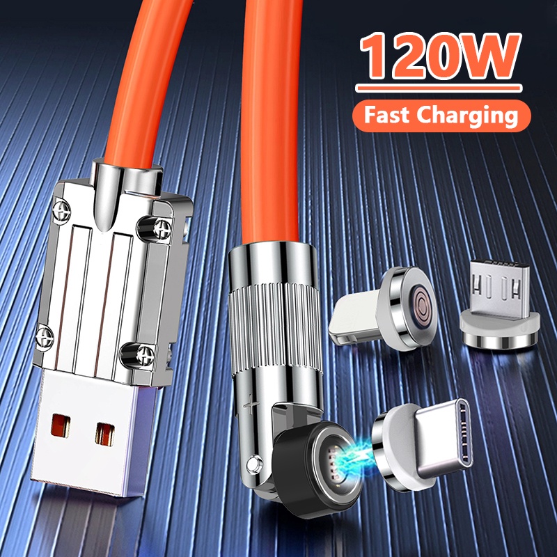 120w 6A 540° สายชาร์จซิลิโคนเหลว แบบแม่เหล็ก หมุนได้ ชาร์จเร็ว สําหรับ Micro USB Type-c IOS