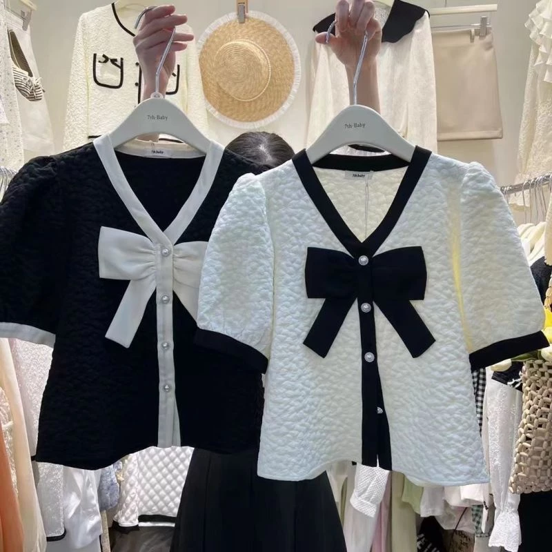 🍒Bee🍒โบว์ หวาน แขนสั้น อารมณ์ หลวม เสื้อเชิ้ต รุ่นสั้น ท็อปส์ เทรนด์