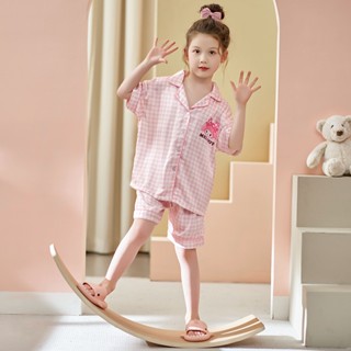 New Short Sleeve Silk Kids Pajamas
Summer Childrens Cute Cartoon Plaid Homewear