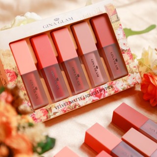 ❤️❤️ เซ็ตลิปสติกจีน่าแกลม 1 กล่อง x 5 แท่ง สีสวยชัด ติดทนนาน กันน้ำ GINA GLAM VELVET MATTE LIQUID LIPSTICK 4x5g